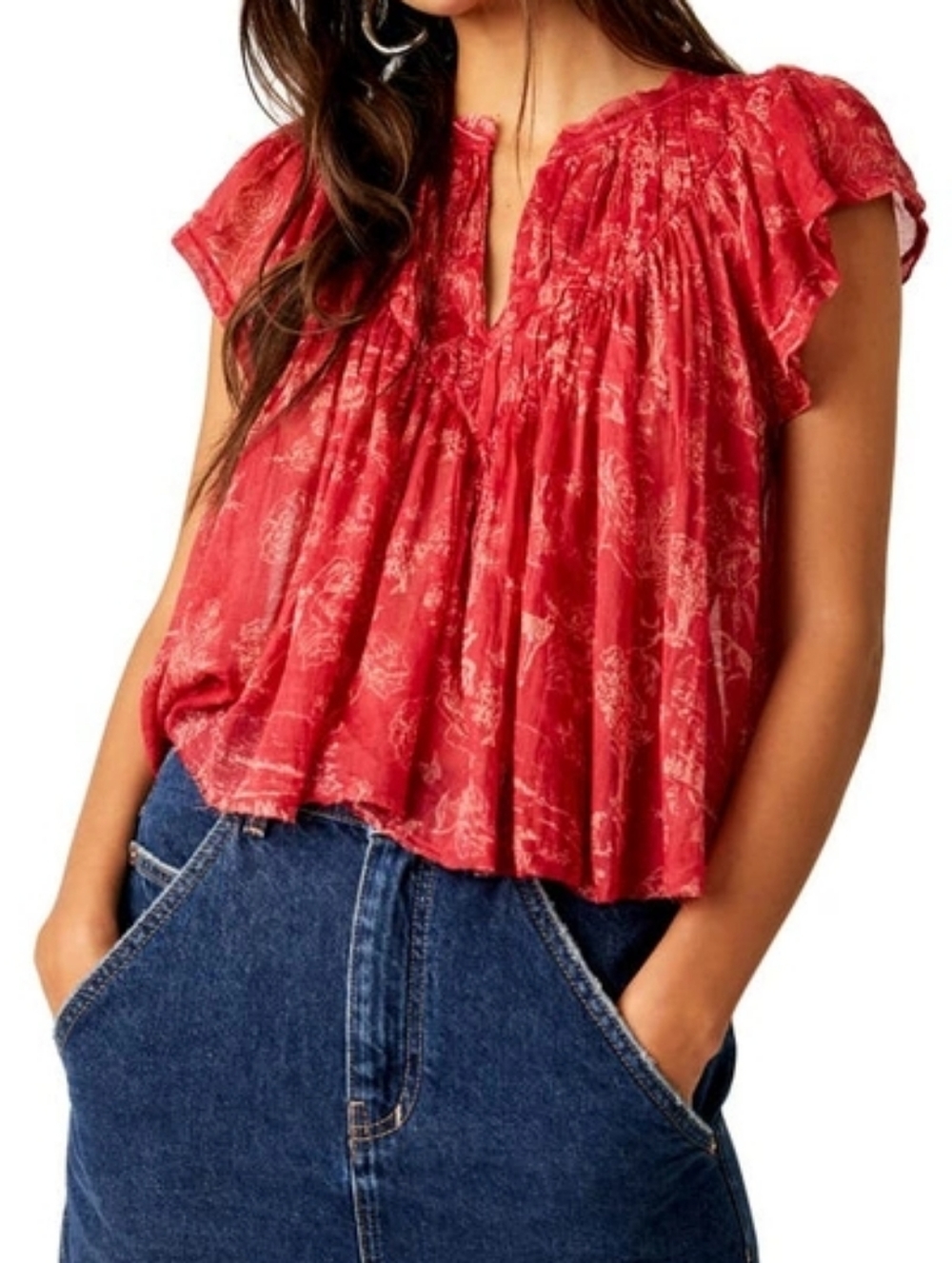 Free People Rasberry Smocked Gauze Peasant Blouse Womens Boho Raw Hem Top S/M
